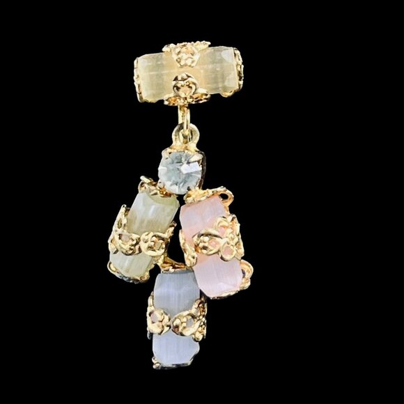 Vintage Gold Tone With Pastel Glass Crystals Dangle Screw Back Earrings (5288) - Picture 2 of 7